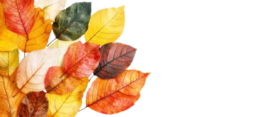 Colorful autumn leaves arranged on a transparent background showcasing vibrant hues of red, orange, yellow, and green