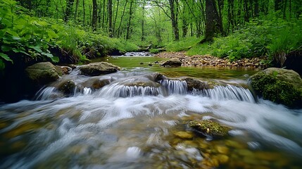 Obraz premium Serene Woodland Stream Flowing Over Mossy Rocks in Lush Green Forest Landscape