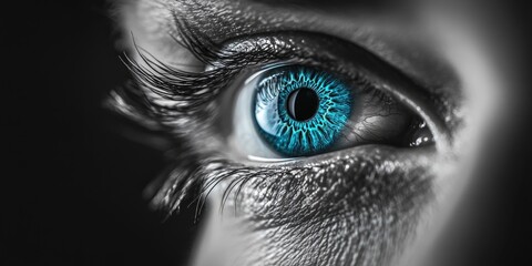 Obraz premium A close-up photograph of a human iris with vivid blue color against a dark, high-contrast background.