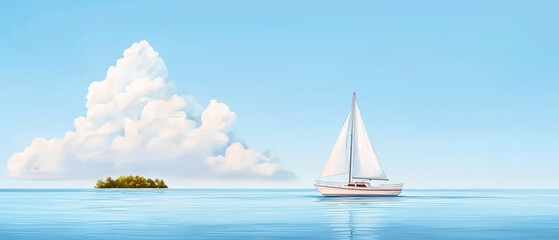 Sailboat gliding across calm waters with a serene island and clouds in the background, clear blue sky.
