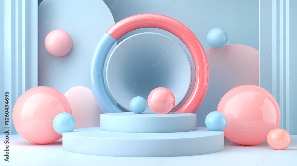 Poster abstract 3d render with pink and blue minimalist white background with space for text
