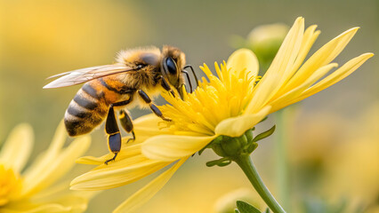 close up of bee collecting nectar from vibrant yellow flower, showcasing intricate details of bee body and delicate petals. This captures beauty of nature and important role of pollinators