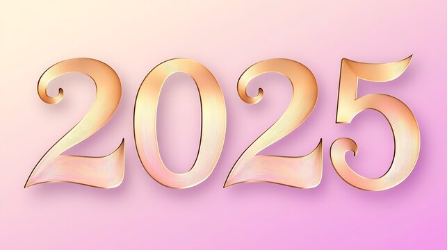 Modern and sleek "2025" typography in shimmering rose gold on a soft pink and purple gradient.