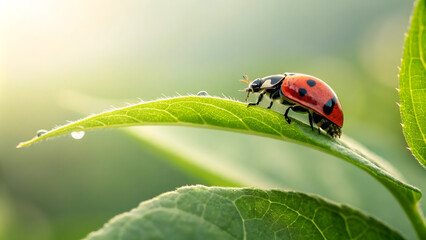 Obraz premium vibrant red ladybug with black spots rests on green leaf, glistening with dew drops. soft sunlight creates serene atmosphere, highlighting beauty of nature