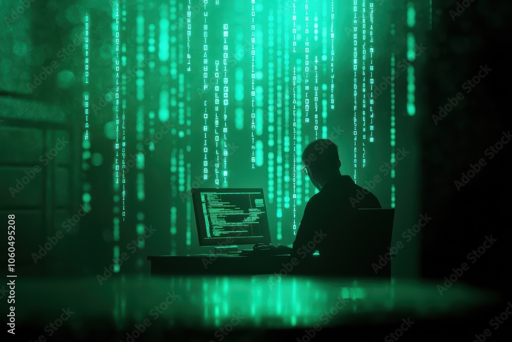 Poster silhouette of a person coding in a dark environment with digital matrix effect in green light.