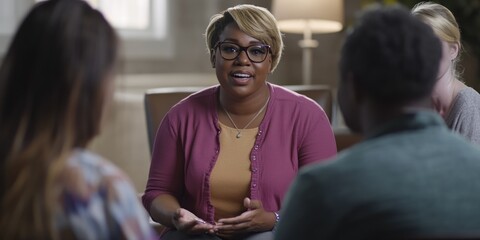 Sophia is a businesswoman engaged in an informal conversation with her colleagues. She is wearing casual office attire and appears to be actively participating in the discussion.