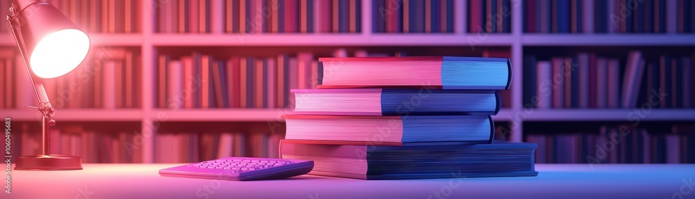 Poster stack of various colored books with a calculator under warm lamp light in a cozy library setting.