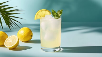 A refreshing glass of lemonade garnished with mint and lemon slices, surrounded by fresh lemons on a vibrant teal background.