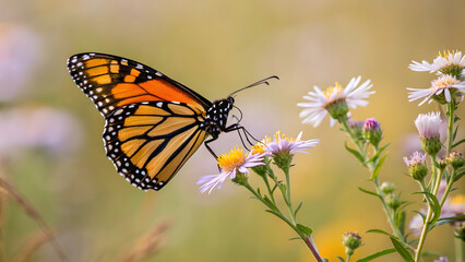 Fototapeta premium vibrant monarch butterfly perched on delicate flowers, showcasing its striking orange and black wings against soft, blurred background. scene captures beauty of nature and intricate details of