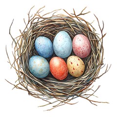 Obraz premium Watercolor Painting of a Nest with Five Eggs.