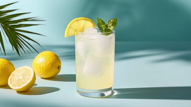A refreshing glass of lemonade garnished with mint and lemon slices, surrounded by fresh lemons on a vibrant teal background.