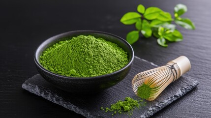 A vibrant bowl of green matcha powder sits on a black slate, accompanied by a bamboo whisk and fresh green tea leaves.