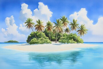 Tropical island with palm trees and blue ocean, scenic paradise under bright sky.
