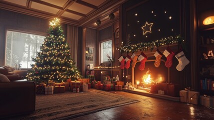 Cozy Christmas living room with a glowing fireplace, decorated tree, stockings hung, and wrapped gifts under the tree, warm lights illuminating