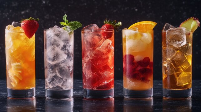 Colorful fruity drinks in glasses lined up on table, summer refresher choices.