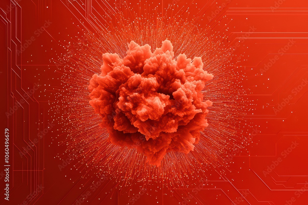 Poster vibrant red explosion with a digital circuit background, creating a striking visual impact.