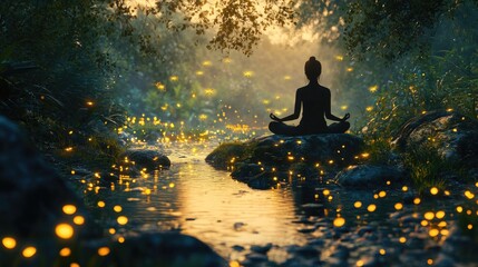 Obraz premium Yoga pose, mindfulness practice, serene forest path at dawn or dusk with fireflies lighting up the path.