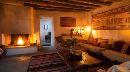 Cozy, rustic living room with warm lighting, wooden furniture, and inviting textures, perfect for relaxation