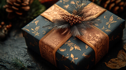 Luxury Dark holiday gift box on a dark background with feathers