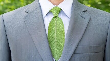 Suit lapel, formal shape, the tie crafted from a single, long green leaf elegantly twisted, environmental consciousness, sustainable business.