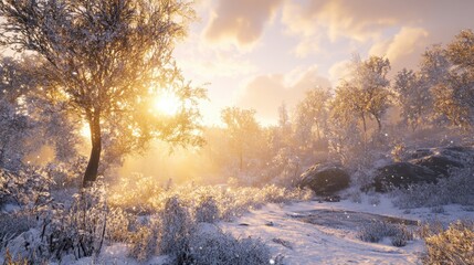 Crisp winter morning, the ground covered in fresh snow, and the sun casting a golden glow over snow-dusted trees