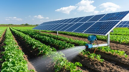 Automated irrigation system watering a field of crops, with solar panels visible in the background for sustainable energy.