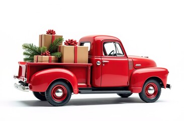 A vibrant red vintage truck adorned with eco-friendly kraft packaging and holiday decorations, carrying Christmas gifts and pine branches, capturing the festive spirit of the New Year.
