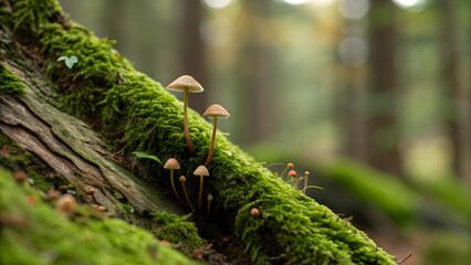 Obraz premium cluster of mushrooms growing on moss covered log in forest, showcasing nature beauty and tranquility. soft focus background enhances serene atmosphere