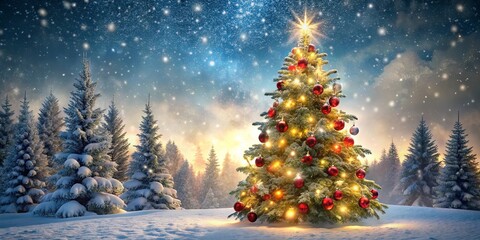 Obraz premium A Festive Evergeen Stands Tall in a Snowy Wilderness, Illuminated by the Soft Glow of Fairy Lights and Surrounded by the Tranquility of a Silent Winter Night