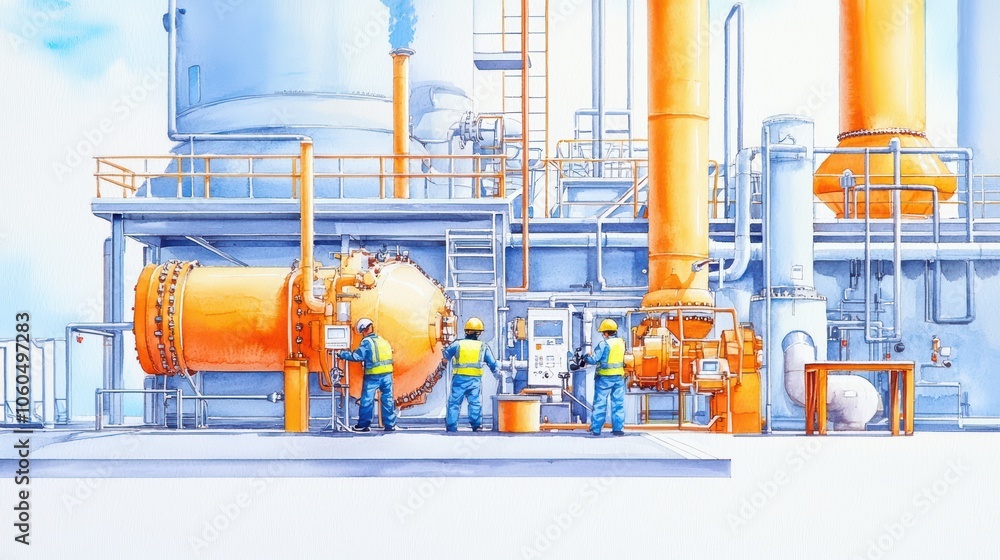 Poster workers collaborating in a vibrant industrial setting with large machinery and pipes.