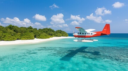 Small plane flying over a remote island, with white sand beaches and turquoise waters.