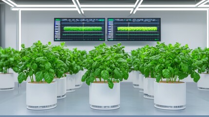 Fototapeta premium High-tech control room monitoring the growth of crops in vertical farming systems, with real-time data displayed on multiple.