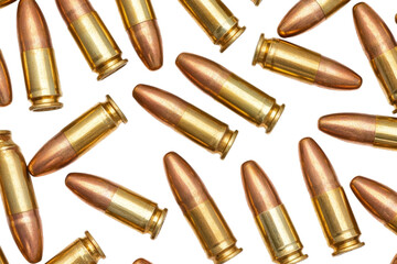 A collection of shiny bullets arranged on a transparent background, showcasing their metallic surfaces and distinctive shapes