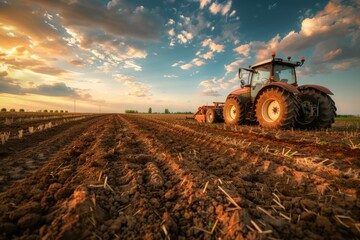Fototapeta premium Farmer in tractor preparing land with seedbed cultivator as part of pre seeding activities. Neural network ai generated art