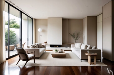 Minimalist, japandi interior design of modern living room with stylish furniture