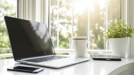 A serene morning unfolds with a cup of steaming coffee beside a sleek smartphone, basking in soft sunlight that creates intricate shadow patterns on a white table.