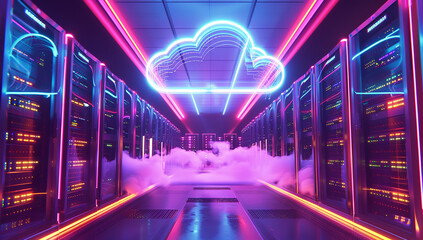 A cloud technology concept with an illuminated blue glowing cloud symbol floating above a row of server cabinets in the center