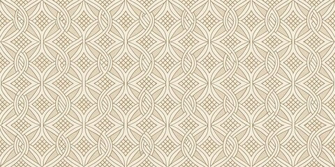 A seamless pattern of interconnected curves and lines creating a complex geometric design with a subtle beige color palette.