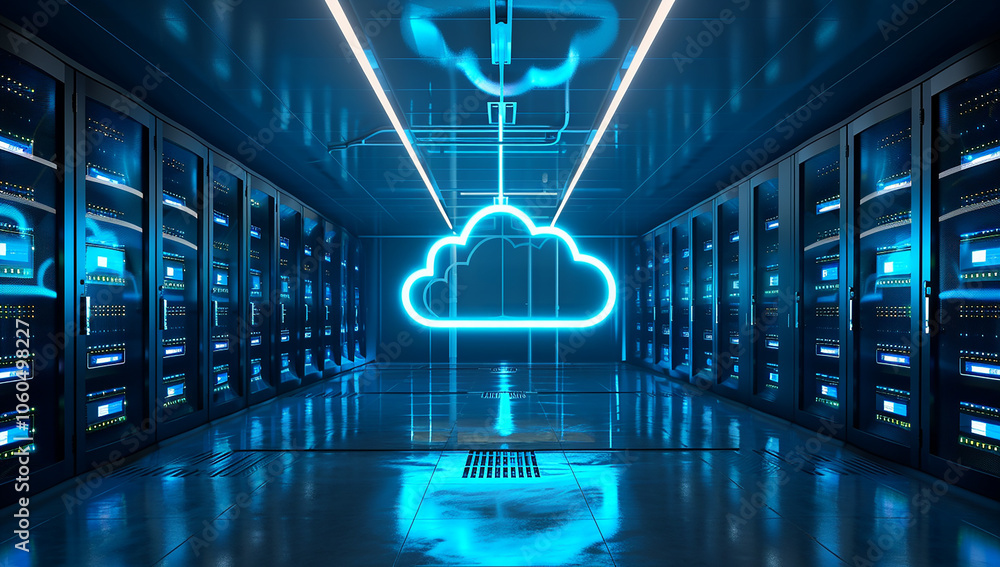 Poster a cloud technology concept with an illuminated blue glowing cloud symbol floating above a row of ser