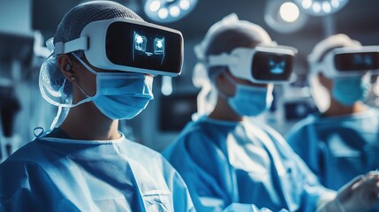 Doctors perform surgery in a hospital with augmented virtual reality AR headsets, modern medical environment illuminated by holographic display 3d futuristic digital artwork, advanced high technology