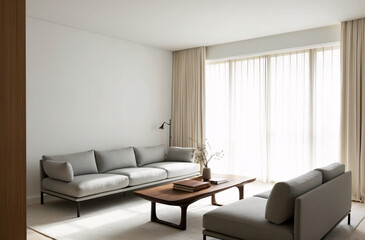 Minimalist, japandi interior design of modern living room with stylish furniture