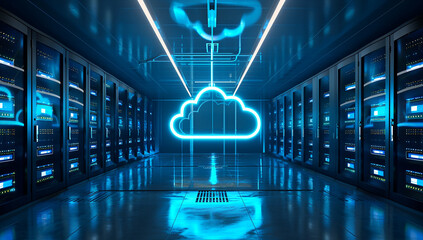 A cloud technology concept with an illuminated blue glowing cloud symbol floating above a row of server cabinets in the center