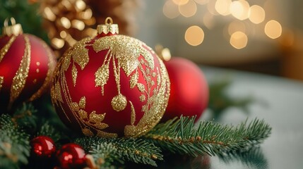 Christmas ornaments in red and gold, festive holiday centerpiece, classic elegance