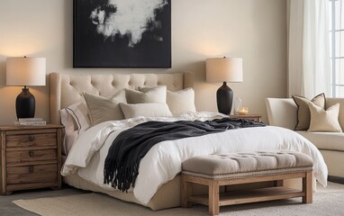 Step into a tranquil beige bedroom adorned with a bold black and white painting that adds a contemporary touch to the wall. 