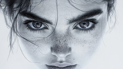 Obraz premium Artistic Portrait of a Model With Freckles and Intense Expression natural freckles, and striking beauty