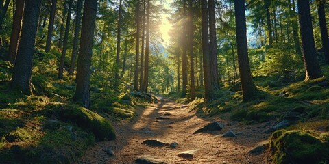 A serene forest trail with sunlit path and surrounding foliage.