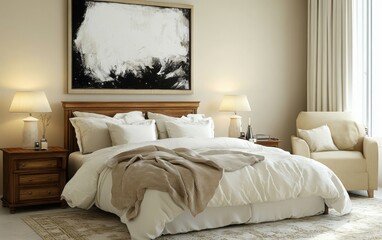 This elegant beige bedroom interior showcases a large black and white painting that captures the eye against the soft wall.