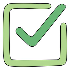 Hand drawn cartoon green check mark in a square on white background.