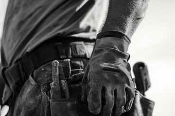 Man in uniform holding hammer and safety helmet.