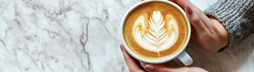 A cozy coffee moment showcasing latte art in a warm cup, perfect for relaxing or enjoying a morning ritual.
